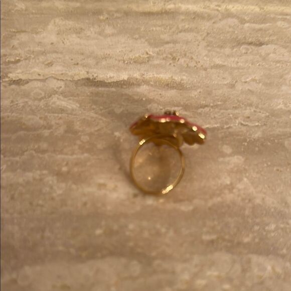 Vibrant Orange and Gold Ring w Rhinestone Pearl Ladybug Accent Adjustable - Picture 2 of 3